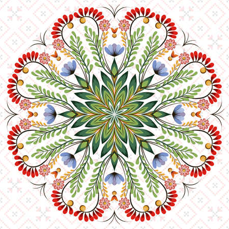 Vector round  floral design element. Style of Petrykivka - traditional Ukrainian decorative painting. Ornamental folk art. Beautiful flowers. Imitation of brush strokesのイラスト素材