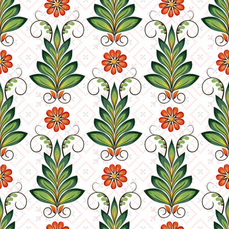 Seamless vector colorful ethnic pattern. Style of Petrykivka - traditional Ukrainian decorative painting. Ornamental folk art. Beautiful flowers. Imitation of brush strokesのイラスト素材