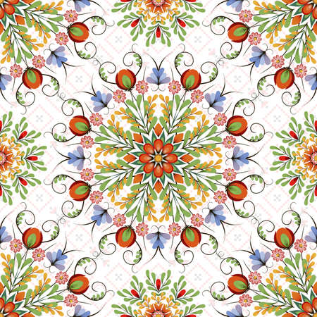 Seamless vector background with round elements. Style of Petrykivka - traditional Ukrainian decorative painting. Ornamental folk art. Perfect for wrapping paper, textile, interior or web design.のイラスト素材