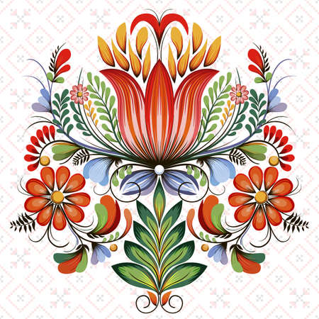 Vector symmetric floral design element. Style of Petrykivka - traditional Ukrainian decorative painting. Ornamental folk art. Beautiful flowers. Imitation of brush strokesのイラスト素材