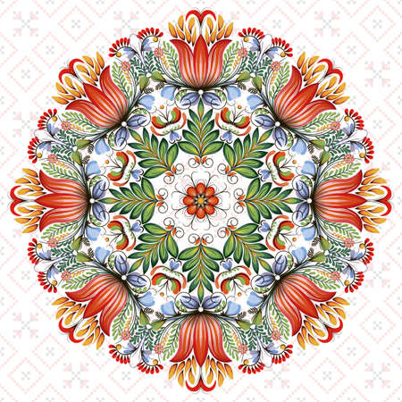 Vector round  floral design element. Style of Petrykivka - traditional Ukrainian decorative painting. Ornamental folk art. Beautiful flowers. Imitation of brush strokesのイラスト素材