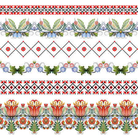 Vector set of six seamless borders. Style of Petrykivka and embroidery stitch in red and black. Traditional Ukrainian ornamental folk art.のイラスト素材