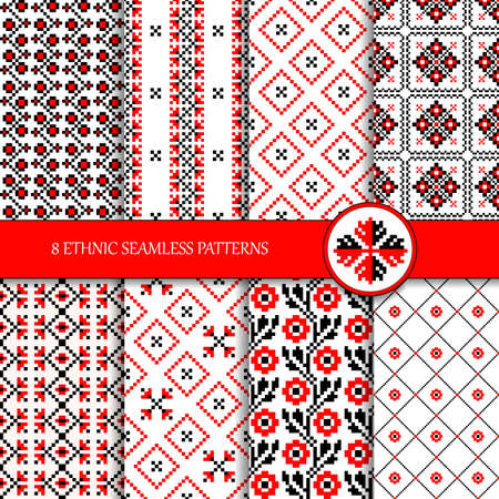 Set of 8 seamless vector colorful Ukrainian ethnic patterns for embroidery stitch in red and black. Traditional ornamental geometric patterns for your design. Vyshyvanka.のイラスト素材