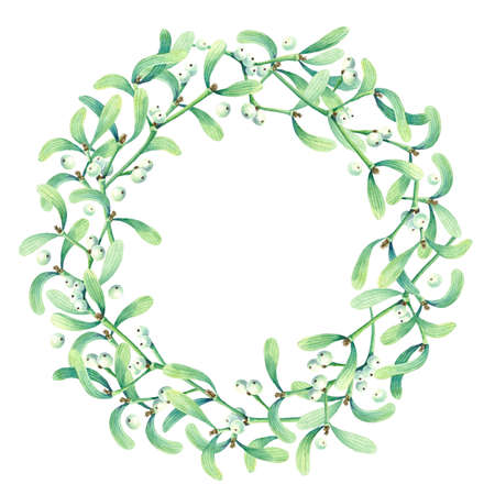 Round frame with watercolor wreath of mistletoe.  Place for your text. Perfect for greetings, invitations, announcement, web and wedding design. Raster.の写真素材