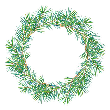 Round frame with watercolor wreath of fir branches.  Place for your text. Perfect for greetings, invitations, announcement, web and wedding design. Raster.の写真素材