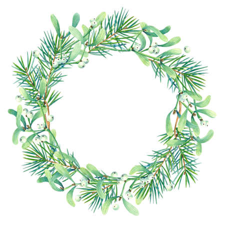 Round frame with watercolor wreath of mistletoe and fir branches.  Place for your text. Perfect for greetings, invitations, announcement, web and wedding design. Raster.の写真素材