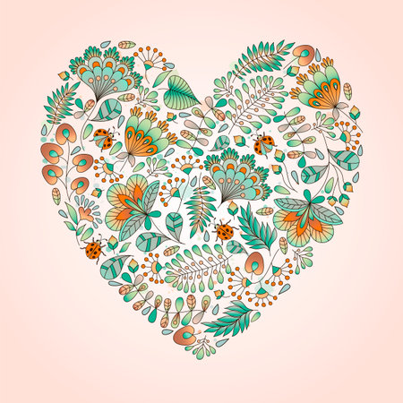 Vector card with heart. Flowers and ladybugs. Cute colorful floral background. Shape of heart. Symbol for Valentines Day. Can love represent and romance.のイラスト素材