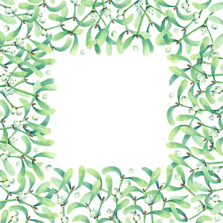 Frame with watercolor wreath of mistletoe. Place for your text. Perfect for greetings, invitations, announcement, web and wedding design. Raster.の写真素材