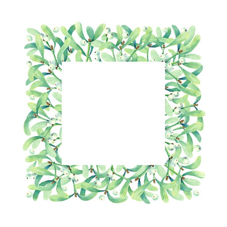 Square frame with watercolor wreath of mistletoe. Place for your text. Perfect for greetings, invitations, announcement, web and wedding design. Raster.の写真素材