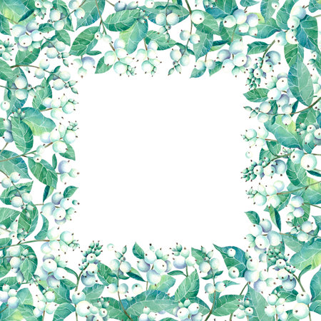 Frame with watercolor wreath of snowberry. Place for your text. Perfect for greetings, invitations, announcement, web and wedding design. Raster.の写真素材