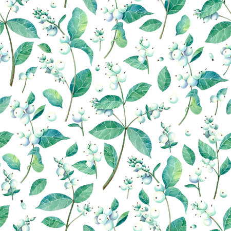 Seamless pattern with watercolor snowberry. Branches and berries. Perfect for greetings, invitations, manufacture wrapping paper, textile, wedding and web design. Raster illustration.の写真素材