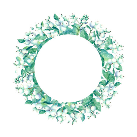 Round frame with watercolor wreath of snowberry. Place for your text. Perfect for greetings, invitations, announcement, web and wedding design. Raster.の写真素材