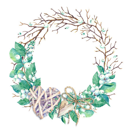 Round frame with watercolor wreath of snowberry and branches. Place for your text. Perfect for greetings, invitations, announcement, web and wedding design. Raster.の写真素材