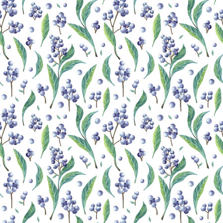 Seamless pattern with watercolor privet. Branches and berries. Perfect for greetings, invitations, manufacture wrapping paper, textile, wedding and web design. Raster illustration.の写真素材