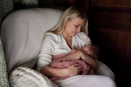 Mother sitting and holding newborn baby in arms at home in dark room. Calm beautiful mom looks and...