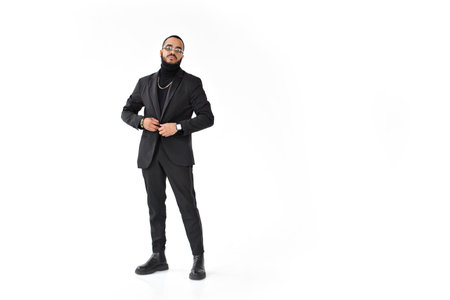 Full body stylish man, posing on white background, wearing black suit with jacket and trousers, blazer turtleneck, glasses and shoes. fashion men clothingの写真素材