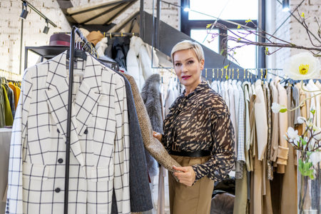 Beautiful woman in fashionable tweed blazer Shopping clothes on rack, stands in luxurious boutique and smiling, confidence, style and eleganceの写真素材