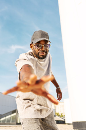 Stylish young black man wearing casual streetwear, sunglasses and Hat while standing outdoors and...