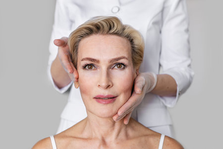 Elegant senior woman with short blonde hair and brown eyes during facial care procedure....