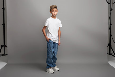 Young boy model with stylish haircut standing in studio. Kid modeling new clothing or showcasing child fashion with copy space on gray backgroundの写真素材