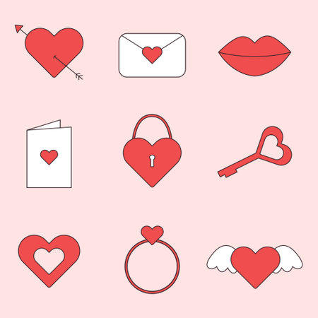 Happy Valentine's day flat icons for print, social media. Set of Valentine's icon on pink background.のイラスト素材