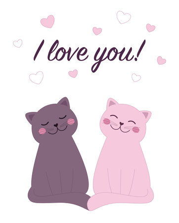 Valentine's card with cat in love with little hearts on background. Valentine's vector illustration.のイラスト素材