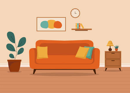 Design living room interior with furniture, home flowers, shelves with books, lamp. Flat vector illustration.のイラスト素材