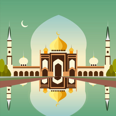 muslim palace on the background of water reflection religion night monthのイラスト素材