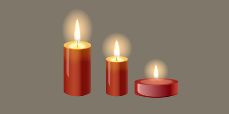 Realistic soy wax white candles with fire romantic atmosphere redのイラスト素材