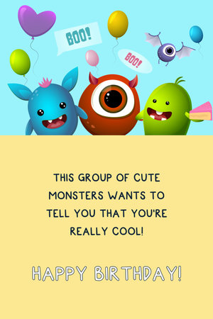 vector postcard. cute monster happy birthday greetings. balloons in the background.のイラスト素材