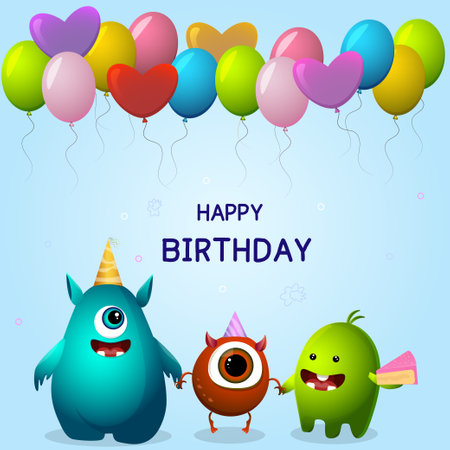 Cute scary monster characters on birthday party elements in the form of balloons on blue background. vector illustration.のイラスト素材