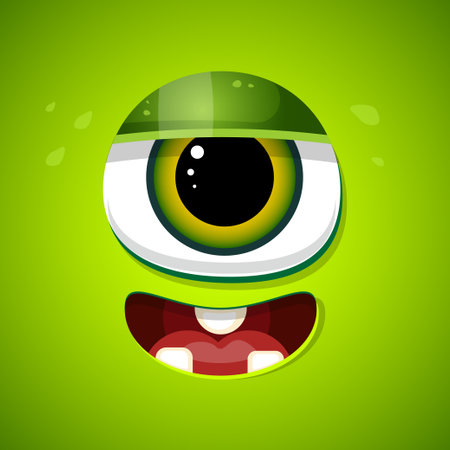cartoon monster face. Vector Halloween green cool monster avatar happy. with small teethのイラスト素材