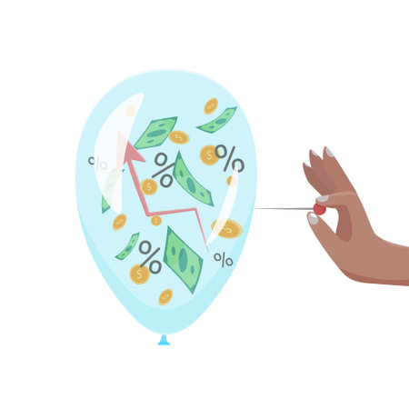 A black hand holds a needle and bursts a ball of money. The beginning of inflation. Vector on white backgroundのイラスト素材