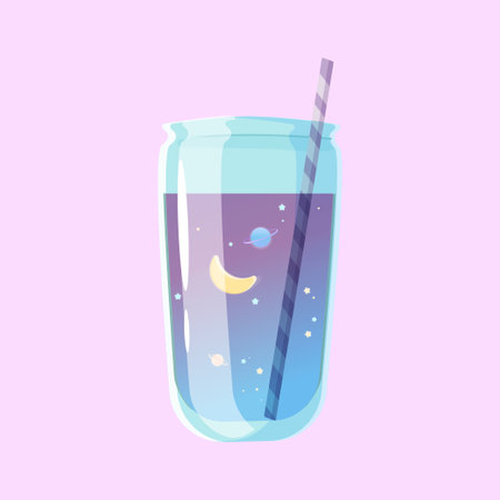 Bubble tea with the universe. Nice purple cocktail in a jar with a star and a planet and a month. Milky, fruity.のイラスト素材
