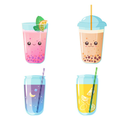 Bubble tea set of milk, fruit, clipart Menu. Banner, poster. vector illustration.のイラスト素材
