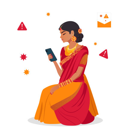 A woman Indian is looking at her phone. She has many spam messages on her cell phone. Flat design style vector illustration.のイラスト素材