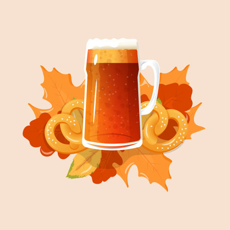 Beer mug and brezels on a leafy background. octoberfest. vector illustrationのイラスト素材