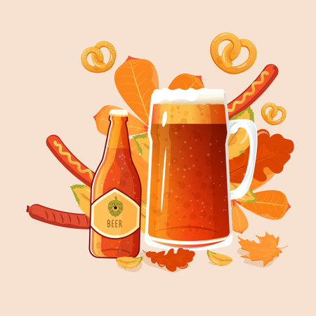 beer, bottle, mug, brezzel and sausage. vector illustration. isolatedのイラスト素材