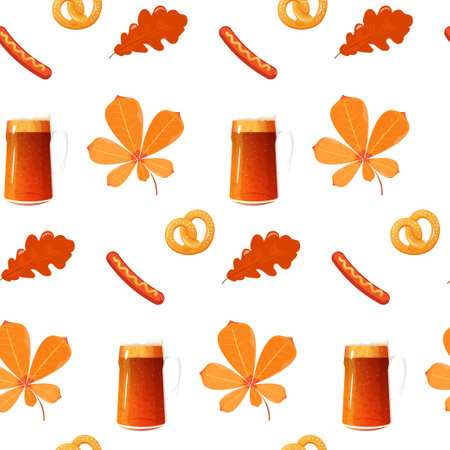 Pattern seamless beer, brezzel, sausage oak and mug. vector illustrationの写真素材