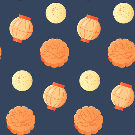 mid autumn festival pattern mooncake and Chinese lantern and moonのイラスト素材