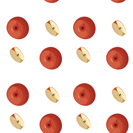 Seamless pattern of whole apples and apple slices. Suitable for wallpapers, web page backgrounds, surface textures, textiles.のイラスト素材