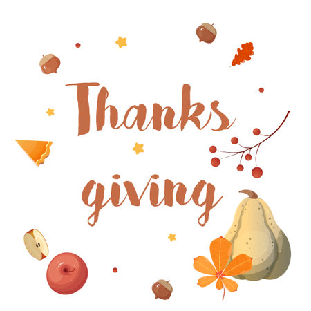 Thanksgiving card thanksgiving pumpkin pie, inscription, greeting, apple. vector illustrationのイラスト素材