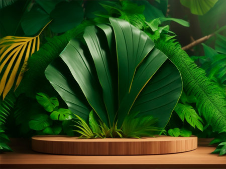 Wooden podium for product on jungle background generated by ai. Monstera leaves, fernsの素材