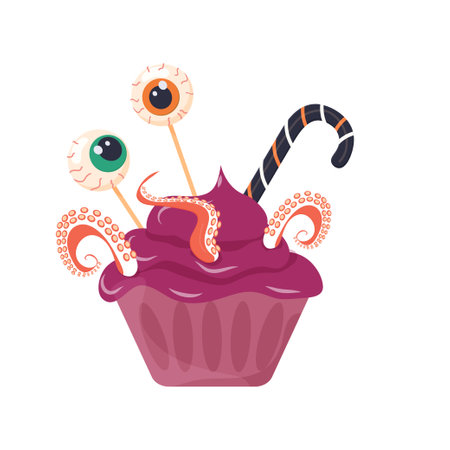 Halloween food, cupcake with eyes and tentacles. vector image on white backgroundのイラスト素材