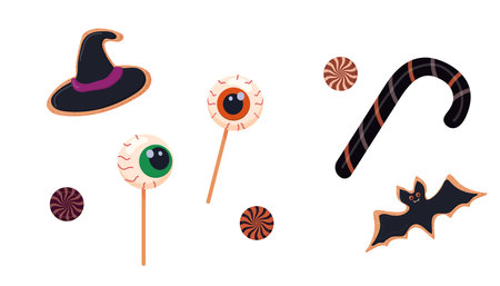 Clipart stickers, Halloween candy, biscuits, pumpkin, satan, bat, spider web. vector illustrationのイラスト素材