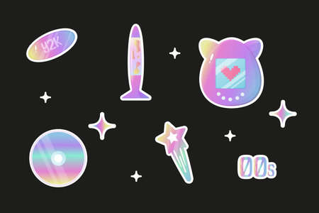 set clipart nostalgia y2k 00s, 90s, disk, tomagotchi, lava lamp, hairpin, vector illustration holographic neon stickers setのイラスト素材