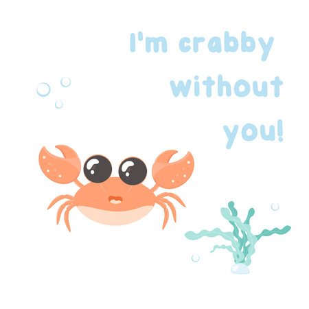 Motivational and support card with sea creatures, vector illustration, lettering, signature. Crab, dolphin, seaweed, shrimp, octopus,のイラスト素材