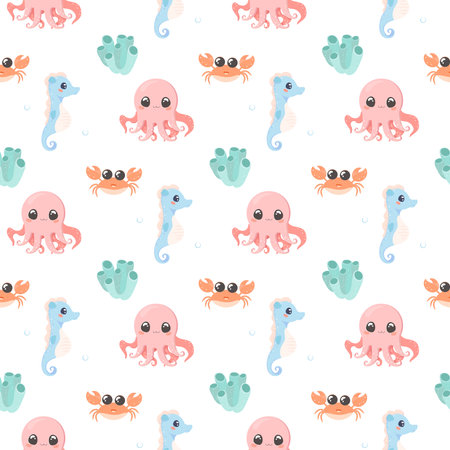 Sea creatures pattern seamless set cute vector on white isolated background, shrimp, seaweed, coral, crab, dolphin, horsefish, octopusのイラスト素材