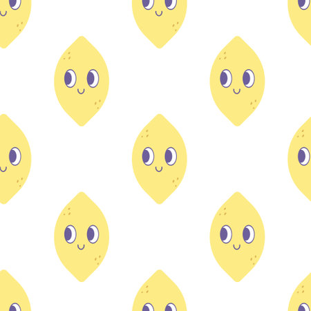 Seamless groovy groovy lemon smiley pattern. tshirt style, 70s, background, textile.のイラスト素材