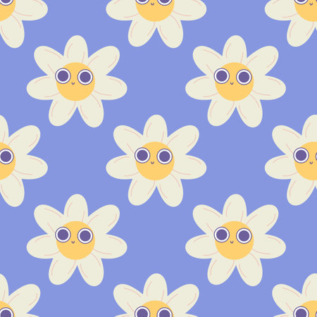 Seamless groovy daisy pattern. tshirt style, 70s, background, textile.のイラスト素材